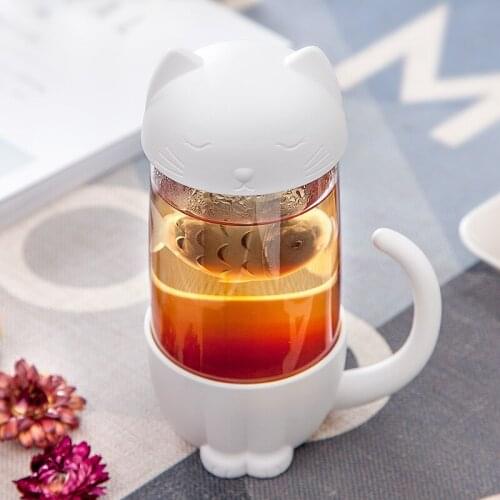 Cute Cat Glass Cup Tea Mug With Fish Infuser Strainer Filter Home Offices water bottle glass