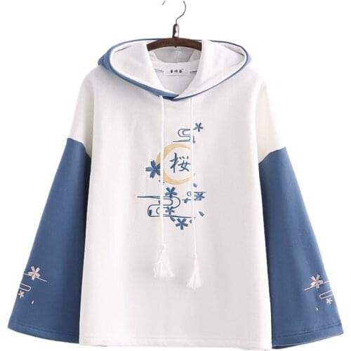 Floral Embroidery Hooded Sweatshirts Fleece Women Hoodies 2021 Winter Flare Sleeve Sweet Style Female Plus Velvet Thick Pullover