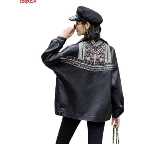 Cool Leather Jacket Women Fringed Rivet Punk PU Leather Cotton Jacket Fashion Short Motorcycle Outwear Lady Embroidery Coat 1670