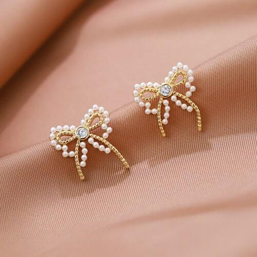 XIYANIKE Gold Color Bowknot Pearl Stud Earrings For Women Geometric Alloy Earrings 2021 Trend New Party Fashion Jewelry Brincos