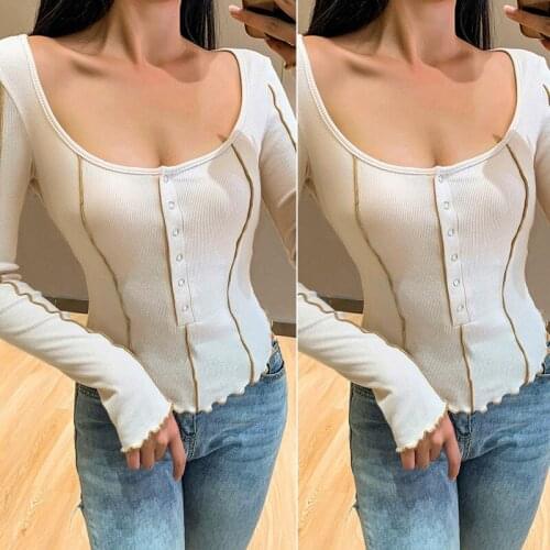WomenS Sexy Slim Long Sleeve Temperament Visual Lines Wide Collar Short All-Match Solid Color Top Apricot