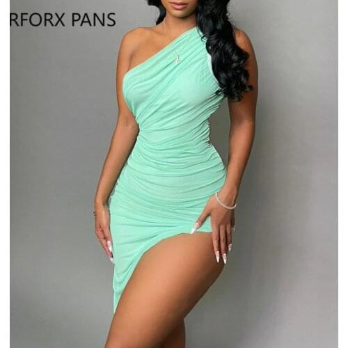 Women One Shoulder Ruched High Slit Bodycon Dress Sexy Party Dress for Women Dress 2021