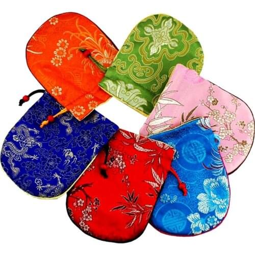 Cotton filled Chinese Silk Brocade Jewelry Pouch floral Drawstring Small Brand Craft Gift Packaging Bag Birthday Party
