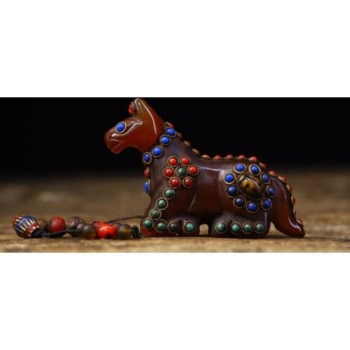 3"Tibet temple Old Natural agate Filigree Gem Dzi Bead Lucky Dog Pendant Amulet Town House Exorcism Ward off evil spirits