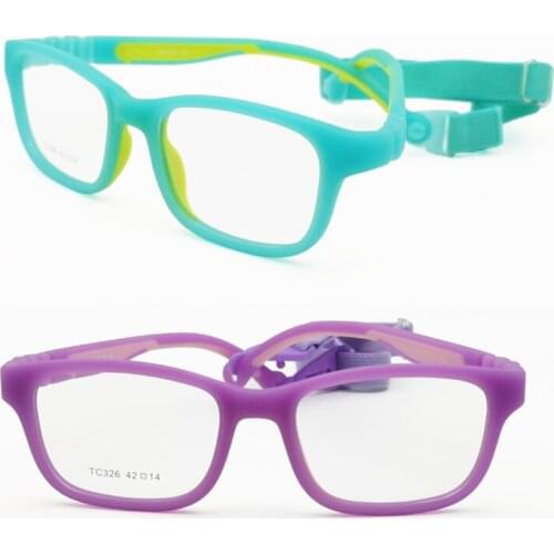 326 high end quality flexible hingeless square TR90 environmental bicolor prescription glasses with elastic sport strap for kids