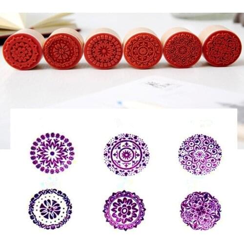 6pcs/SET Assorted Retro Vintage Floral Flower Pattern Round Wooden Rubber Stamp Scrapbook DIY