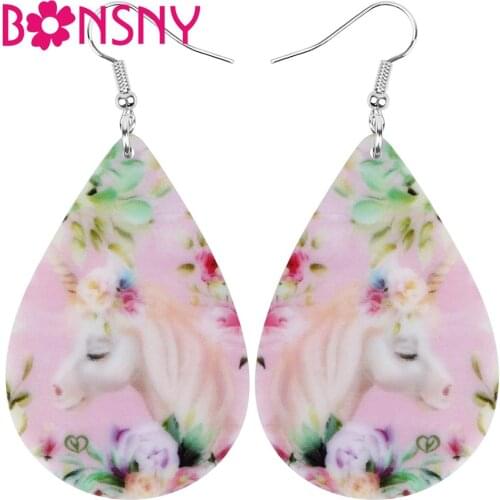 Bonsny Acrylic Teardrop Anime Floral Unicorn Horse Earrings Drop Dangle Jewelry Ornaments For Women Girls Teens Kids Charm Gifts