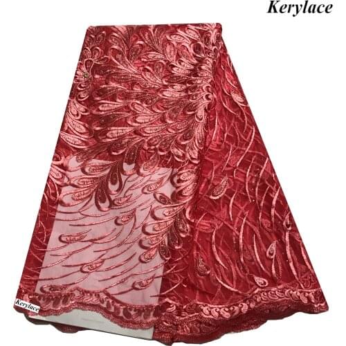 Watermelon Red African Swiss Lace Fabric Rhinestone Latest Embroidered Tulle French Lace Wedding 5 Yards KRL-28132