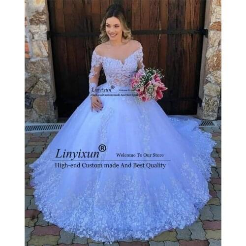 White Princess Ball Gown Wedding Dress 2021 Lace Appliques Long Sleeves Wedding Gowns Plus Size Robe De Mariee Custom Made