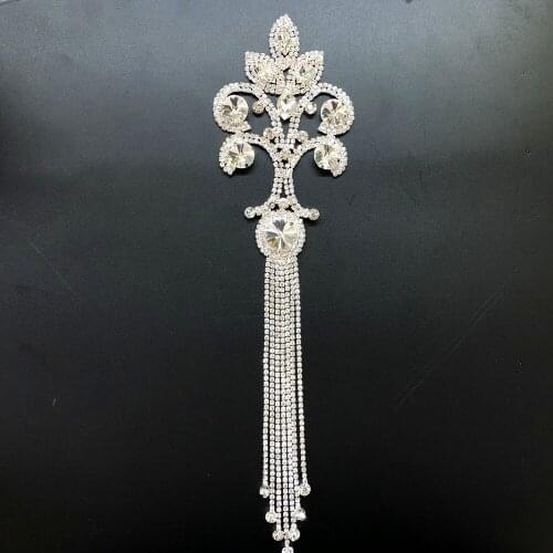 8x28cm Shiny gorgeous glass rhinestone applique stunning fancy rhinestone tassel for wedding bridal headband garment decoration