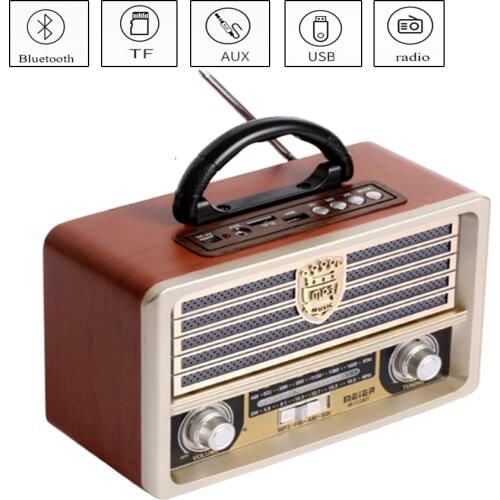 Digital FM radio, multi-function MP3 player, wooden radio handle portable retro bluetooth speaker support TF card / USB input