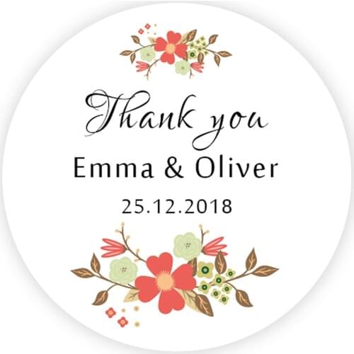 DouxArt 100 Pieces Custom Personalized, Thank You Wedding Flowers Stickers, 40mm Wedding Party Invite Favors Labels Seals P159