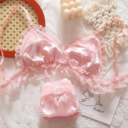 Cute Satin Bowknot Ruffle No rims Underwire Womens Bra & Brief Lingerie Set Pink French Vintage Cute Lolita Girl Underwear Set