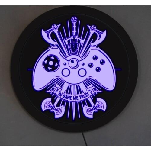 In Game We Trust Video Game Controller Vintage LED Lighted Sign with Joystick Fantasy Weapons Game Room Electronic Lighted Signs
