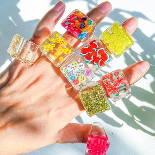 Lost Lady Stylish New Transparent Square Chunky Rings for Women Fruit Simile Beads Big Rings Wholesale Jewelry Dropshipping Gift