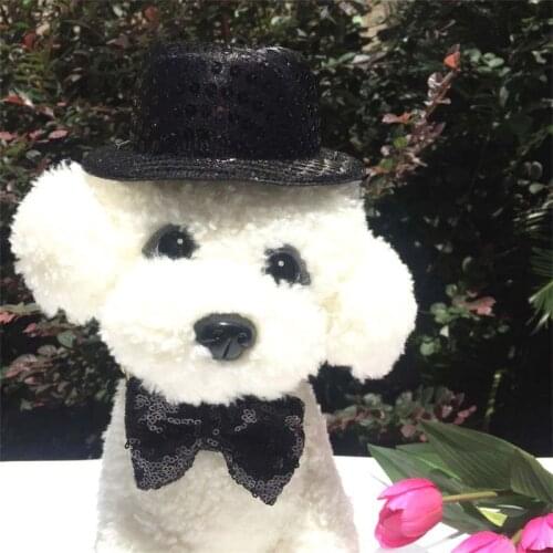 Small Dog Black Sequined Cylinder Top Hat with Bow Tie Set Costume Pet Festive Travel Beauty Decor Collar Accessories for Small