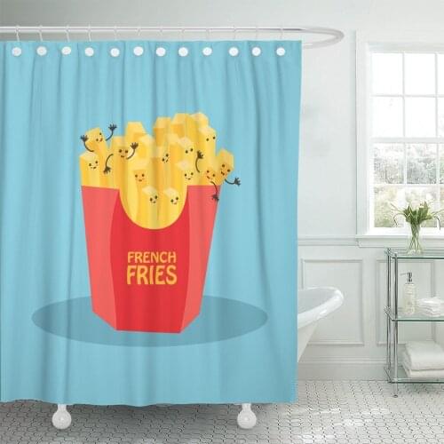 Comic Kawaii French Fries Character Blue Cute American Arm Shower Curtain Waterproof Polyester Fabric 60 x 72 Inches Set
