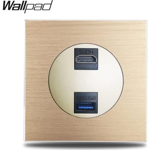Wallpad L6 Gold HDMI USB 3.0 Connection Wiring Outlet Wall Socket Gold Brushed Aluminum Metal Panel