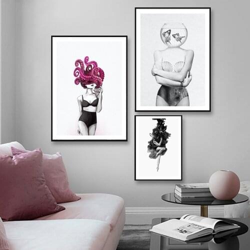 Nordic Fashion Modern Ocean Woman Abstract Canvas Painting Art Print Poster Black White Picture Wall Living Room Home Decor