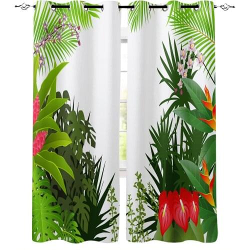 Tropical Jungle Plant Leaves Flower Green White Curtains for Kids Girls Room Living Room Window Drapes Curtain Window Treatments