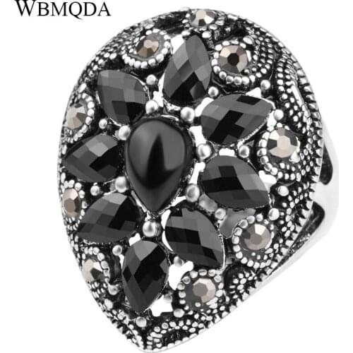 Vintage Ethnic Crystal Rings For Women Tibet Alloy Hollow Out Water Drop Flower Big Love Ring Turkish Jewelry Wholesale