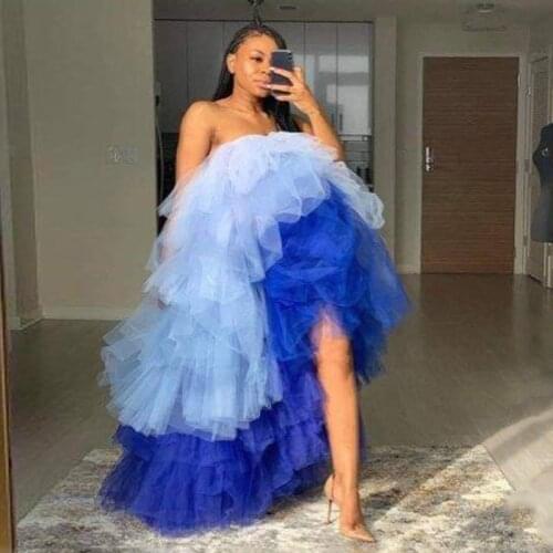 Candy Colorful Blue Maxi Skirt Women Dress Strapless Tiered Puffy Tulle Tutu High Low Prom Gowns Lush Saia Plus Size Custom Made