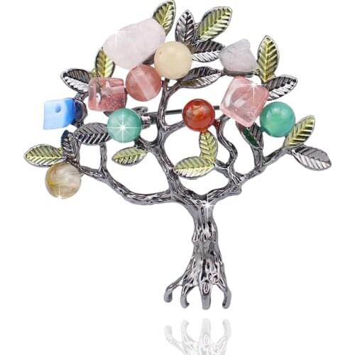 Tin Alloy Black Tone Plant Tree Brooch Pin With Nature Colorful Stones / Pearl New Handmade Beaded Jewelry 2018, Item: BH8236