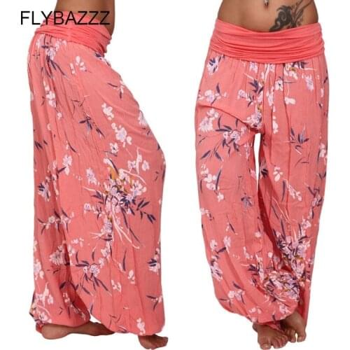 Women Bohemian Floral Printed Long Yoga Pants 2021 Mid Waist Vintage Harem Pants Elastic Waist Boho Beach Trousers Plus Size 5XL