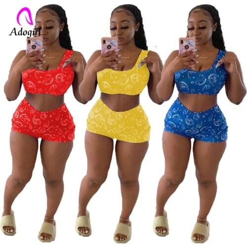 Bandana Paisley Women Shorts Set Fitness 2021 Summer New 2 Piece Set One Shoulder Crop Top + Biker Shorts Sexy Workout Tracksuit