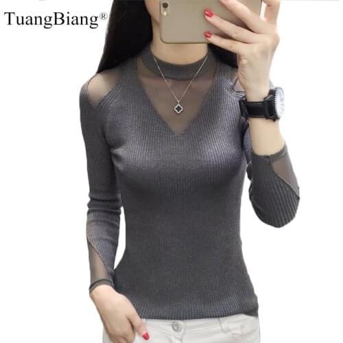 2020 Autumn Winter Sexy Lace Pullover knitted women Long sleeve Elasticity Turtleneck Jumper Hollow out V-Neck Ladies Black Tops