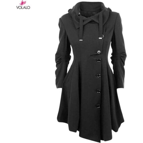 Plus Size 7XL Pea Coat Womens Long Fleece Pea Jacket Gothic Trench Coat Winter Punk Collar Peacoat Outwear Slim Hood Dress Coat