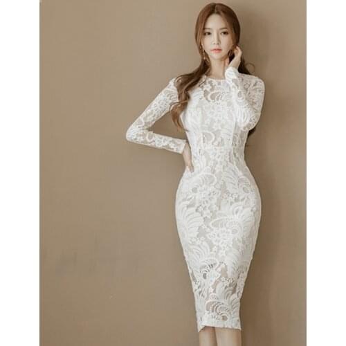 2021 Spring Women Office Dress Long Sleeve Bandage Bodycon Dress White Pencil Lace Dress Vintage Party Dresses Vestidos