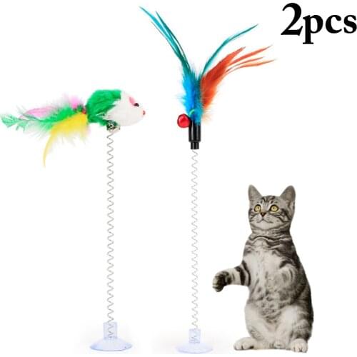 2pcs Pet Cat Toy Funny Interactive Suction Spring Cat Toy Cat Feather Wand Cat Teaser Pet Interactive Supplies for Cats