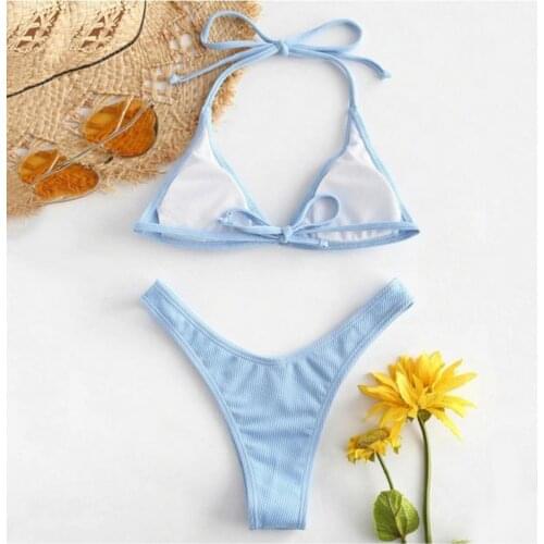 2Pcs/Set Skin-friendly Beach Swimsuit Solid Color Lace Up Polyester High Waist Two Piece Women Underwear Easy to Wash for Summer