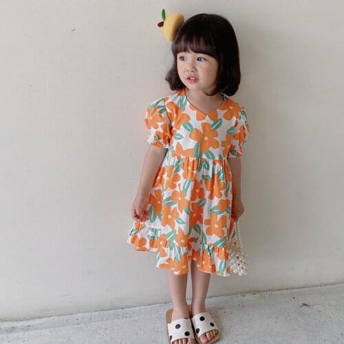 2021 Korean Childrens Girls Flowers Dress Childrens Printed Cotton Short-sleeved Flaral Cute Dress Vestido Floral Infantil
