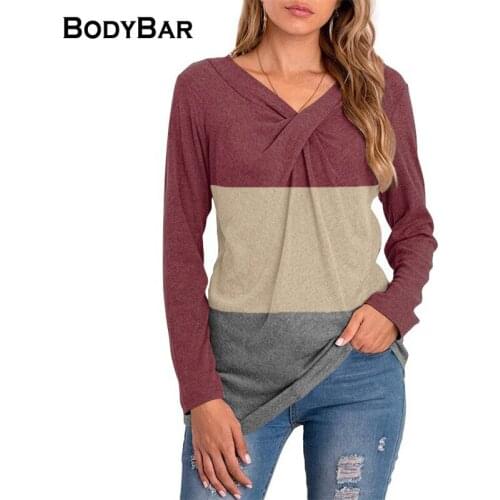 Three-color Stitching Printed T-shirt Casual V-neck Long-sleeve Spring Top Plus Size 2XL Autumn Hot Selling Pullovers For Female