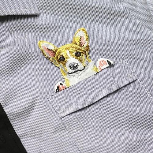 Pocket Dog Patch Animal Pet 3D Embroidery Patches Clothes Fabric Stickers Iron On Cute Dog Applique For Jeans DIY Applique Badge