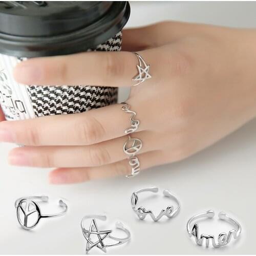 Ring Authentic 925 Sterling Silver Rings For Women Jewelry Pentagram Triangle Peace Sign Musical Note Aman Heartbeat Line Ring