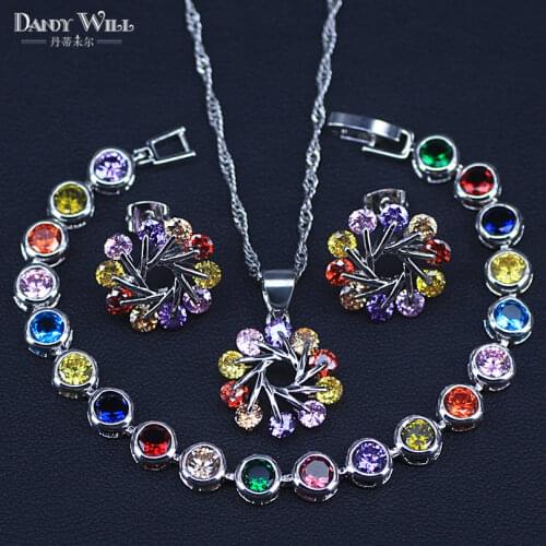 Silver Color Costume Jewelry Set Flower Colorful Multicolor Stones Earrings Necklace Pendant Bracelet