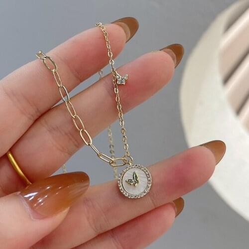 Luxury Fashion Cubic Zirconia Natural Shell Stone Charm Necklace for Women Butterfly Exquisite Gold Chain Girl Jewelry Gift
