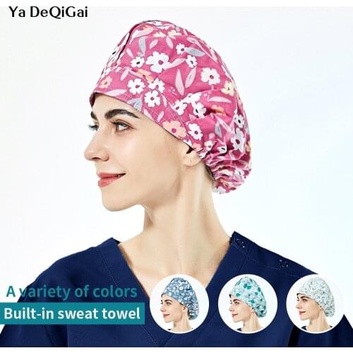 Breathable Elastic Scrubs Hats long hair women printing beauty salon work caps beautician Operator hat pet grooming Scrubs Caps