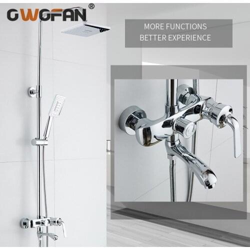 Shower Faucets Brass Chrome Cold and Hot Bathroom Wall Bathtub Faucet Rain Shower Head Handheld Square Mixer Tap Sets R45-501