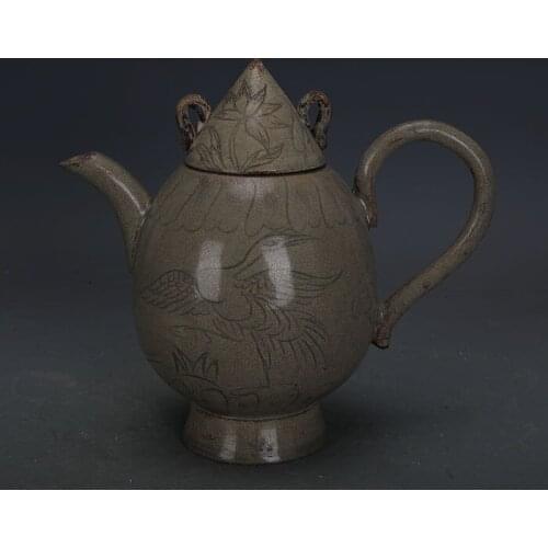 Antique SongDynasty Yue Kiln Green Glaze Carved Chicken Heart porcelain pot,Home Decoration collection & adornment1903