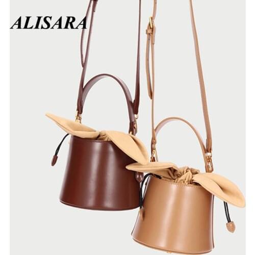 2021Bucket bag handbags women brown bags new style Bow shoulder bag messenger bag Genuine First layer cow leather Large capacity