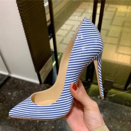 Newest Striped High Heel Pumps Blue Pink Yellow Patent Leather Shallow Dress Shoes Pointed Toe Stiletto Heels Banquet Shoes