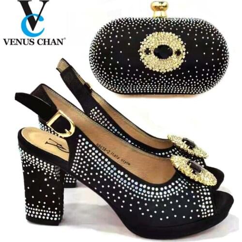 In Black Color 2021 Italian Design Fashion Fullness of Crystal African Mixin Metal Style Women Shoes and Bag Set for Party