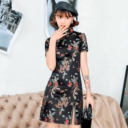 Vintage Chinese Female Qipao Short Style Cheongsam Women Traditional Silky Satin Dress Formal Party Gown Vestidos Plus Size3XL