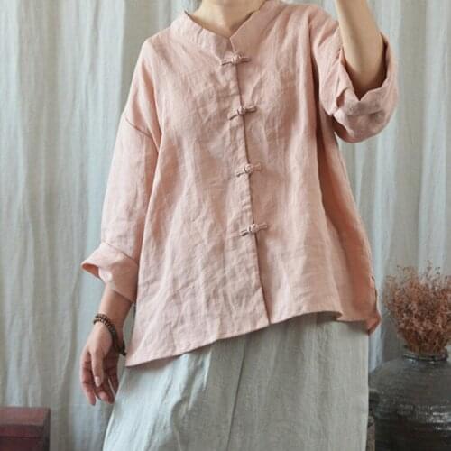 Women Retro Solid Color Ramie Handmade Button Jackets Vintage Stand Collar Ramie Coat Short Overcoat Outwear Female Vintage Tops