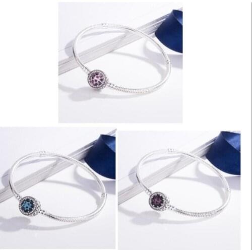 Original 925 Sterling Silver Openwork Radiant Hearts With Purple Crystal Pan Bracelet Bangle Fit Women Bead Charm Jewelry