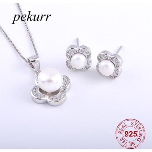 Pekurr 925 Sterling Silver Zircon Lucky Clover Freshwater Natural Pearl Earrings Necklace Sets For Women Classic Pendants Sets